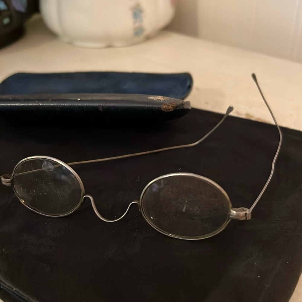 Antique metal wire rimmed eyeglasses and case